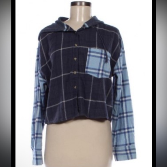 Women's Plaid Hooded Long Sleeve Shirt - Blue - Picture 2 of 2